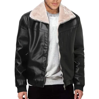 2024 Зимняя мода Теплый утолщенный лацкан Сплошной дизайн на молнии Плюс размер 4Xl-M Бомбер Пальто Мужчины Черная кожаная куртка