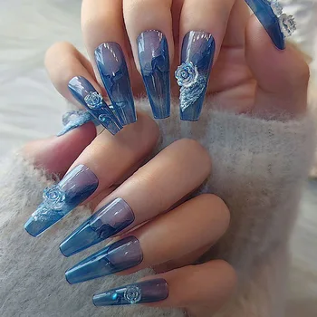 3D длинный набор накладных ногтей Aura Ice голубой цветок камелии дизайн хрустальный французский гроб кончики искусственные онглы пресс на накладные ногти