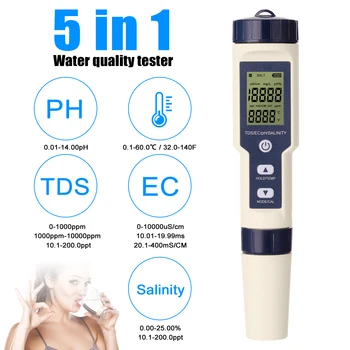 5 в 1 Цифровой детектор качества воды PH/EC/TDS/Измеритель солености/температуры Многофункциональный монитор для тестера качества воды