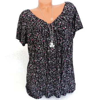 5XL Блузка с коротким рукавом Летние женские туники с V-образным вырезом Топы Элегантная женская рубашка с цветочным принтом 2023 Модная сорочка Femme