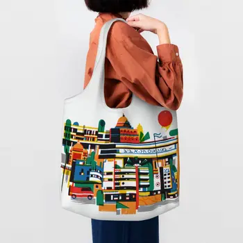 Asia Bauhaus Color Block Геометрическая линия Современная холщовая сумка для покупок Женщины Моющаяся емкость Бакалея Минималистичный Tote Сумки для покупок