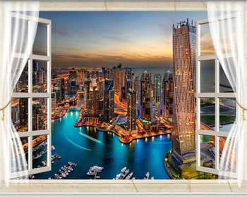 Beibehang Пользовательские обои Окно Дубай Сити Ночной Вид 3D ТВ Фон Стена Декоративный фон Стена 3d обои для стен
