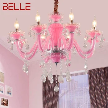 BELLE Розовый хрустальный подвесной светильник Искусство Комната для девочек Свеча Лампа Детская комната Гостиная Ресторан Спальня Люстра