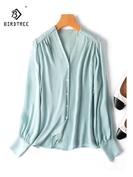 Birdtree 100% настоящая шелковая женская рубашка цвета морской волны с V-образным вырезом и подкладкой на верхних пуговицах блузка с длинным рукавом T36950QC