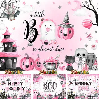 Boo Spooky Girl Baby Shower Розовый фон Новорожденный День рождения Тыква Хэллоуин Фон Rip Конфеты Воздушный шар Замок Детская фотобудка