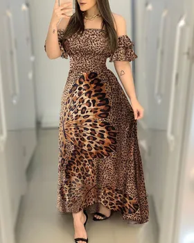 Bow Print Длинное платье Женское модное леопардовое платье с открытыми плечами и коротким рукавом Уличная одежда с высокой талией A-line Vestido 2023