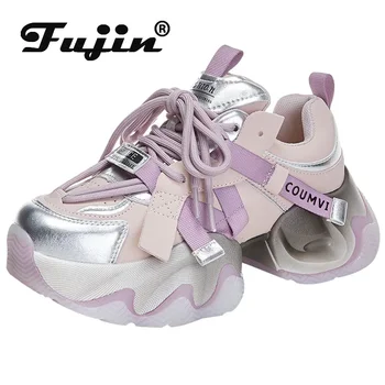 Fujin 5 см Лакированные кроссовки из натуральной кожи Удобные осенние ботильоны Женщины Синтетическая платформа Вулканизировать каблуки Леди Мода