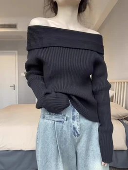 Harajuku Сплошные свитера с разрезом и вырезом Гранж Винтаж Женщины Нижнее Пуловеры С Открытыми Плечами Y2K Эстетический Повседневный Вязаный Джемпер