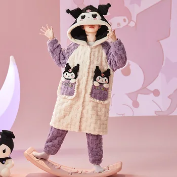 Kawaii Sanrio Аниме My Melody Cinnamoroll Kuromi Girls Зимний пижамный комплект Фланелевый утолщенный родитель-ребенок одежда Домашняя одежда
