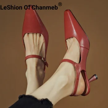 LeShion Of Chanmeb Натуральная кожа Женские туфли на каблуке Тонкие туфли на высоком каблуке Ремешок с пряжкой Красные офисные женские сандалии 2023