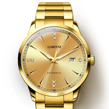 LOBINNI Мужские автоматические часы 41,3 мм Роскошные золотые механические наручные часы Сапфир Светящаяся дата