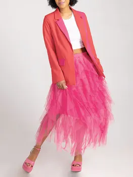 Louatui Женская сетчатая длинная юбка Элегантная юбка с высокой талией Нерегулярная однотонная юбка из тюля Летняя юбка