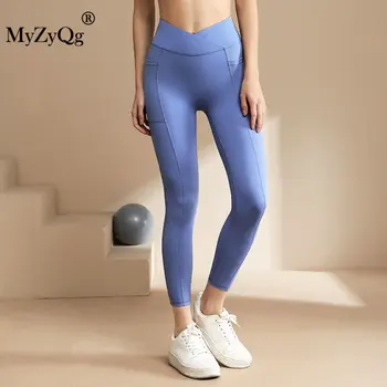 MyZyQg Женские брюки для фитнеса для упражнений V Талия Персиковые карманы Штаны для йоги Спортивные леггинсы пуш-ап Обтягивающие тренировочные дно