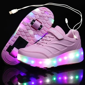 USB зарядка Черные Два Колеса Светящиеся Кроссовки Светодиодный Свет Роликовые Коньки Обувь Для Детей Дети Светодиодная Обувь Мальчики Девочки Обувь 28-43
