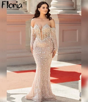 Блестящее свадебное платье из бисера из шампанского Luxury 2024 Handmade Crystals Платье для особого случая Дубай Mermaid Vestidos De Fieste