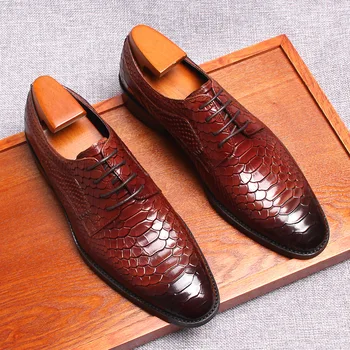 бордовый черный мужской оксфорд обувь змея узор натуральная телячья кожа роскошный бренд на шнуровке бизнес офис брог платье обувь мужчины