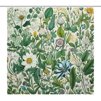 ботанический гобелен занавеска для душа с полевыми цветами и принтами листьев водонепроницаемый элемент ванной комнаты 183x183 см с крючками 12 шт.