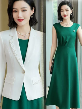 Высококачественный осенний корейский женский офис бизнес мода элегантные стили рабочая одежда профессиональный блейзер и платье комплект из 2 предметов