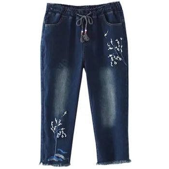  Женские джинсы оверсайз Новые вышивка Кисточка Эластичные брюки с высокой талией Летние эластичные джинсовые укороченные брюки Женские повседневные брюки