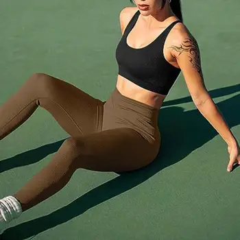 Женские тренировочные брюки Бесшовные леггинсы для йоги с высокой талией Ребристый узор Однотонные длинные брюки для женских спортивных тренировок в помещении