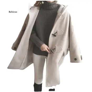  Зимнее женское пальто из смесовой шерсти Свободное длинное женское пальто Карманы Сплошной цвет Повседневная модная женская куртка Abrigos Mujer Invierno