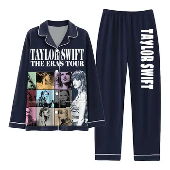 Мода Однобортная рубашка + прямые брюки Осень-зима Домашняя одежда Пижама 1989 Женская одежда Y2K Taylor Print 2 шт. Наборы из 2 предметов