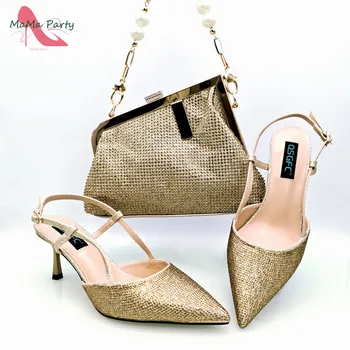 Модные новые поступления нигерийского дизайна 2024 года Женская обувь и сумка в золотом цвете, украшенные стразами для вечеринки
