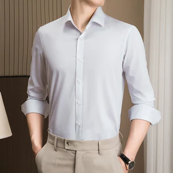 Мужская мода Роскошные социальные мужские рубашки Воротник с лацканами Свадебный смокинг Рубашки Повседневная однотонная блузка с длинным рукавом