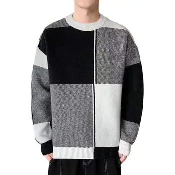 Мужской свитер контрастного цвета Вязаный мужской свитер с геометрическим принтом и длинным рукавом с осенне-зимним колорблоком для тепла
