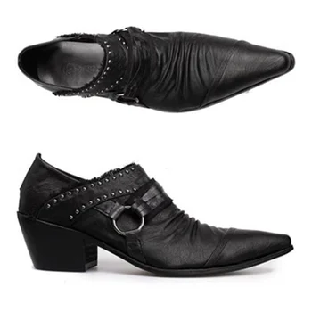 Мужчины Челси Обувь Ретро Острый Носок Черный Кожа Мода Низкий Каблук Мужчины Классические Туфли Толстая Подошва Повседневная Деловая Обувь Большой Размер48