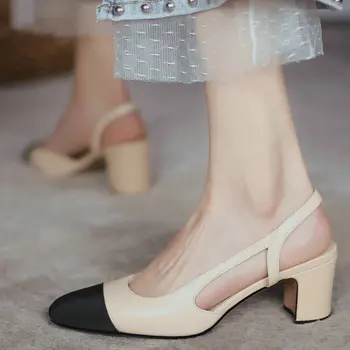 Натуральная кожа смешанного цвета Роскошный бренд Женщины Низкий каблук Slingback Flats Slip-on Массивные сандалии на высоком каблуке Женщины Большой размер 32-43