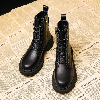 Новые женские боевые осенние ботинки на шнуровке Женская обувь Женская мода Кожаные ботильоны Зима Черная комфортная платформа