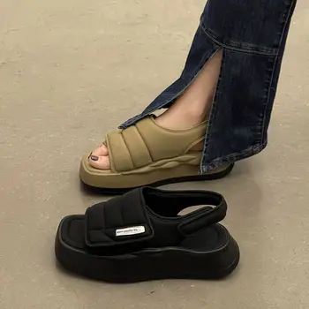 Обувь на низком каблуке Женская обувь Черные сандалии для женщин Платформа Лето 2023 Открытый носок На открытом воздухе Ежедневная Корея Предлагается Повседневная