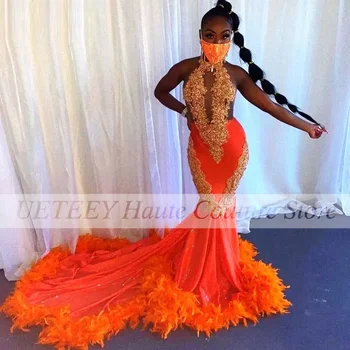 Оранжевые выпускные платья русалки для африканских аппликаций бусины перья с пайетками халат de soiree формальное вечернее платье на заказ