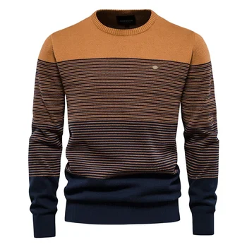 осень 2023 г. Мужской свитер с длинными рукавами в стиле Гонконг в стиле Slim Fit с круглым вырезом в полоску