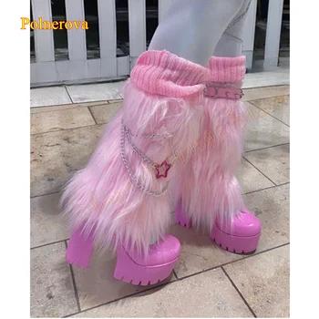 Розовые пушистые кожаные сапоги до середины икры,нескользящие сапоги на каблуке с толстой подошвой Толстый каблук с круглым носком Женские сапоги 2024 New Zapatos Para Mujere