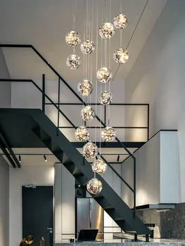 Роскошная светодиодная стеклянная люстра для лестницы Минималистичный круглый шар Длинные подвесные светильники Золото Креативное искусство Простые осветительные приборы
