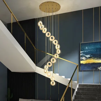 Роскошная хрустальная светодиодная люстра для лестницы Гостиная Современные золотые / серебряные внутренние светильники Длинная креативная кольцевая подвесная лампа