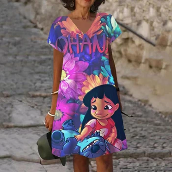 Сексуальная девушка Платья миди Женщины Богемный 3D Вечернее платье Женское Свободное Disney's Lilo & Stitch Вечернее платье Улица V-образный вырез Колено
