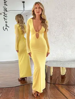 Сексуальное желтое длинное платье с V-образным вырезом и шнуровкой Женщины Элегантные полые платья с длинным рукавом и высокой талией Модные женские халаты для ночных вечеринок