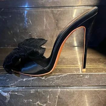 Сексуальный черный сетчатый галстук-бабочка на высоком каблуке тапочки бабочка узел открытый носок скольжение на летней обуви плюс размер 46 тонкий каблук мюли обувь