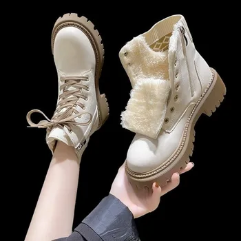толстые плюшевые ботильоны из искусственной кожи для женщин 2023 зимние теплые туфли на плоском каблуке из хлопка Женская нескользящая платформа Botas Mujer