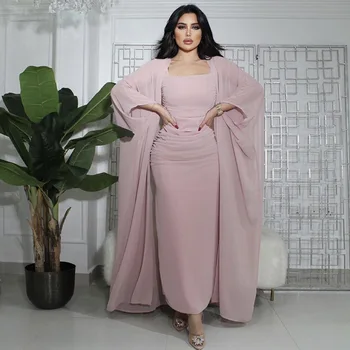 Элегантное розовое облегающее платье для вечеринок со свободным кимоно абайя из 2 предметов Мусульманский комплект Открытые абайи для женщин Дубай Ислам Пакистанская одежда