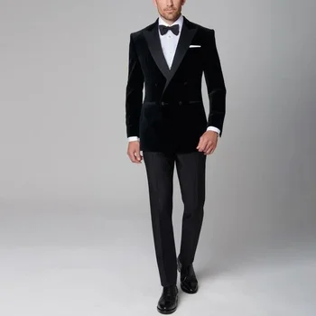 Элегантный черный пик с лацканами двубортный бархат мужские костюмы модный повседневный свадебный жених смокинг 2 шт блейзер с брюками 2023