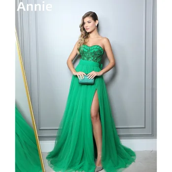 Энни Элегантная леди выпускные платья с вышивкой тюль зеленый 2024 вечернее платье без бретелек с боковым разрезом для торжественных случаев вечернее платье